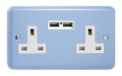 Varilight XY5U2W.DB Lily Pastel Duck Egg Blue 2 Gang Double 13A Unswitched Plug Socket 2.1A USB