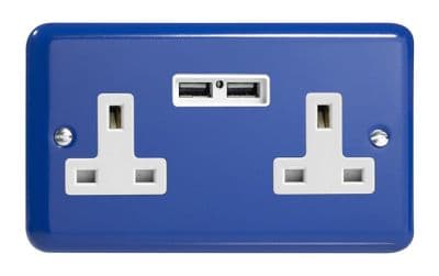 Varilight XY5U2W.RB Lily Primary Reflex Blue 2 Gang Double 13A Unswitched Plug Socket 2.1A USB