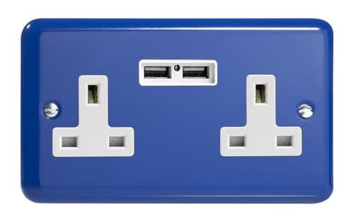Varilight XY5U2W.RB Lily Primary Reflex Blue 2 Gang Double 13A Unswitched Plug Socket 2.1A USB