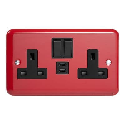 Varilight XY5U45B.PR Lily Pastel Pillar Box Red 2 Gang Double 13A Socket + 45W USB C+C