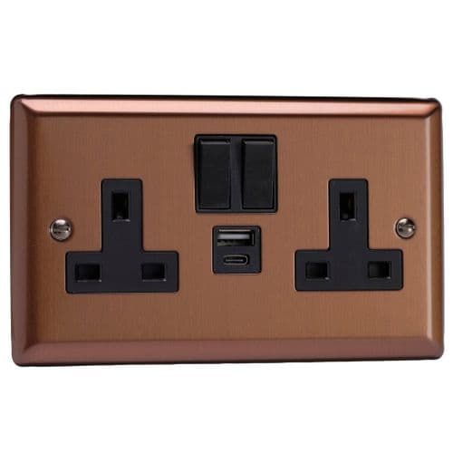 Varilight XY5UACB.BZ Urban Brushed Bronze 2 Gang Double 13A Plug Socket 3.1A 20W USB A + C