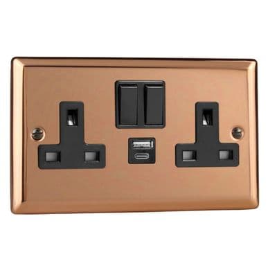Varilight XY5UACB.CU Urban Polished Copper 2 Gang Double 13A Plug Socket 3.1A 20W USB A + C