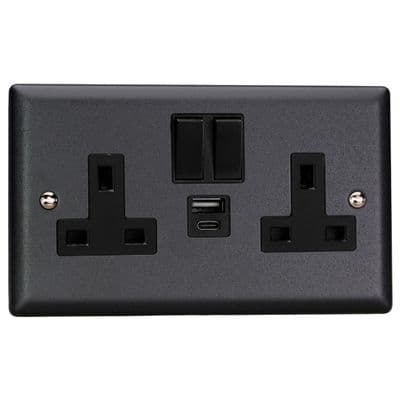 Varilight XY5UACB.MB Urban Matt Black 2 Gang Double 13A Plug Socket 3.1A 20W USB A + C