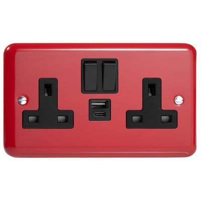Varilight XY5UACB.PR Lily Primary Pillar Box Red 2 Gang 13A USB A+C Plug Socket