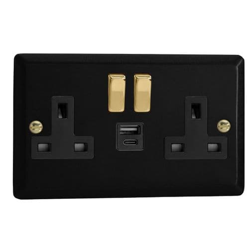 Varilight XY5UACVB.MB Vogue Matt Black 2 Gang 13A USB A+C Plug Socket
