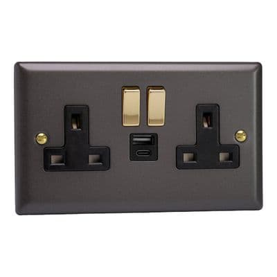 Varilight XY5UACVB.SL Vogue Slate 2 Gang 13A USB A+C Plug Socket