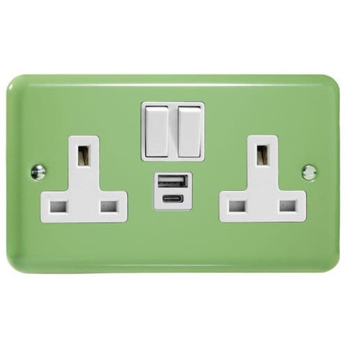 Varilight XY5UACW.BG Lily Primary Beryl Green 2 Gang 13A USB A+C Plug Socket