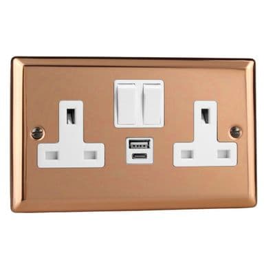 Varilight XY5UACW.CU Urban Polished Copper 2 Gang Double 13A Plug Socket 3.1A 20W USB A + C