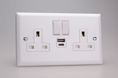 Varilight XY5UACW.CW Urban Chalk White 2 Gang Double 13A Plug Socket 3.1A 20W USB A + C