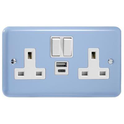 Varilight XY5UACW.DB Lily Primary Duck Egg Blue 2 Gang 13A USB A+C Plug Socket
