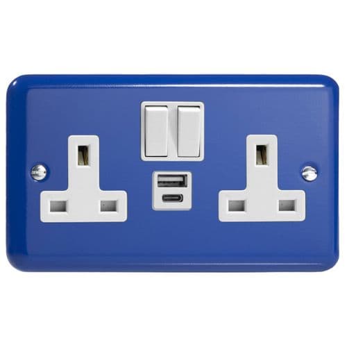Varilight XY5UACW.RB Lily Primary Reflex Blue 2 Gang 13A USB A+C Plug Socket