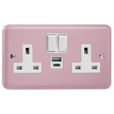 Varilight XY5UACW.RP Lily Primary Rose Pink 2 Gang 13A USB A+C Plug Socket