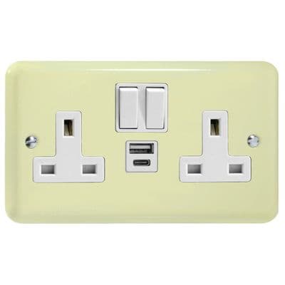 Varilight XY5UACW.WC Lily Primary White Chocolate 2 Gang 13A USB A+C Plug Socket