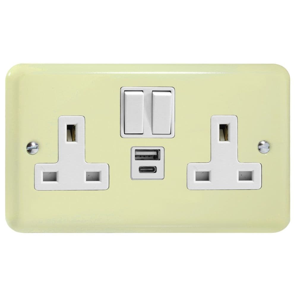 Primary Socket Varilight XY5UACW WC Lily Primary White Chocolate 2 Gang 13A USB A C ...