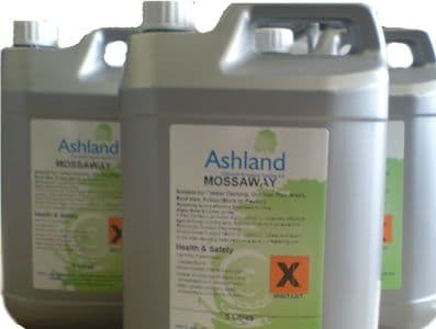 Moss removal chemicals for cleaning roofs, gutters and roof tiles. Mossaway moss killer: sold in 5 litres containers.