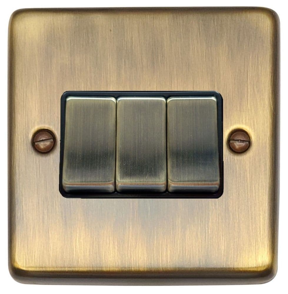 G&H CAB303 Standard Plate Antique Brass 3 Gang 1 or 2 Way Rocker Light Switch