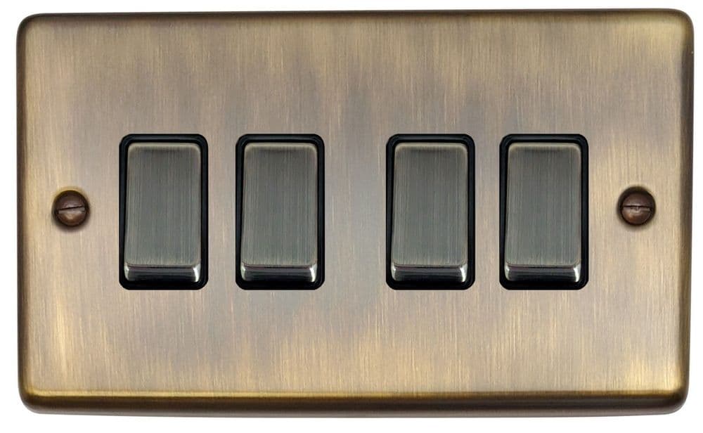 G&H CAB304 Standard Plate Antique Brass 4 Gang 1 or 2 Way Rocker Light Switch