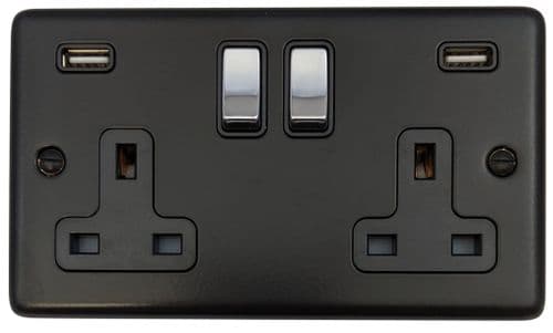 G&H CFB3910-PC Standard Plate Matt Black 2 Gang Double 13A Switched Plug Socket 2.1A USB