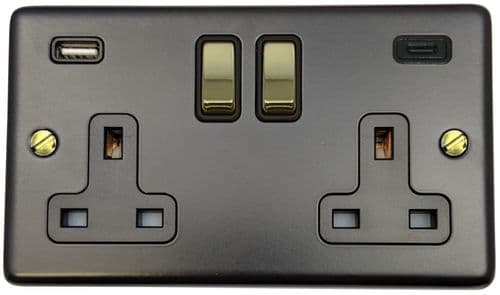 G&H CFB3911-PB Standard Plate Matt Black 2 Gang Double 13A Plug Socket 3.1A USB A + C