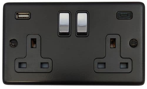 G&H CFB3911-PC Standard Plate Matt Black 2 Gang Double 13A Plug Socket 3.1A USB A + C