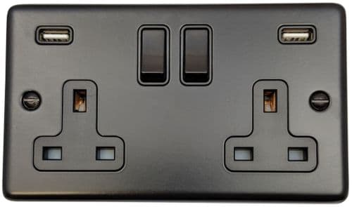 G&H CFB910B Standard Plate Matt Black 2 Gang Double 13A Switched Plug Socket 2.1A USB