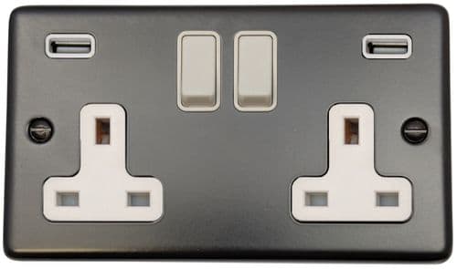 G&H CFB910W Standard Plate Matt Black 2 Gang Double 13A Switched Plug Socket 2.1A USB