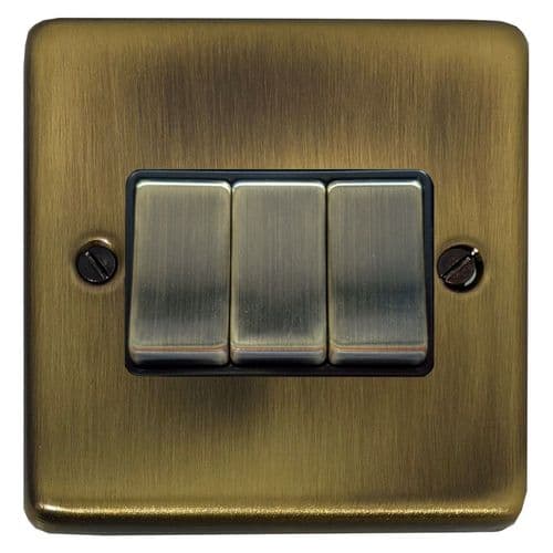 G&H CLAB303 Standard Plate Light Antique Brass 3 Gang 1 or 2 Way Rocker Light Switch