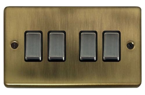 G&H CLAB304 Standard Plate Light Antique Brass 4 Gang 1 or 2 Way Rocker Light Switch