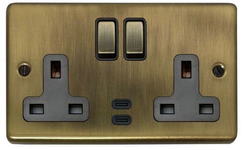 G&H CLAB3913 Standard Plate Light Antique Brass 2 Gang Double 13A Plug Socket Dual 4.2A USB C