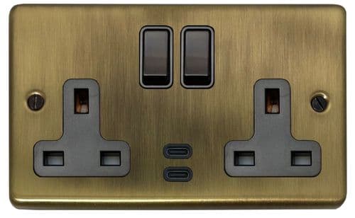 G&H CLAB913B Standard Plate Light Antique Brass 2 Gang Double 13A Plug Socket Dual 4.2A USB C