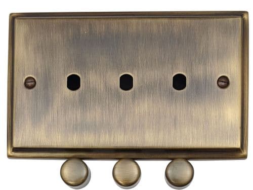 G&H DAB13-PK Deco Plate Antique Brass 3 Gang Dimmer Plate Only inc Dimmer Knobs