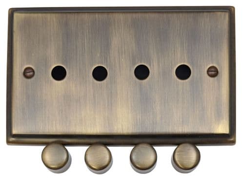 G&H DAB14-PK Deco Plate Antique Brass 4 Gang Dimmer Plate Only inc Dimmer Knobs