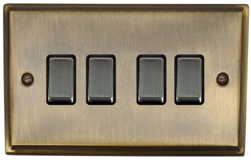 G&H DAB304 Deco Plate Antique Brass 4 Gang 1 or 2 Way Rocker Light Switch
