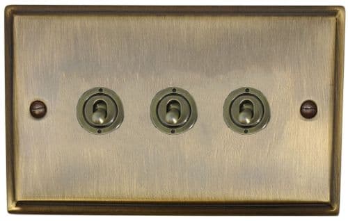 G&H DAB383-AB Deco Plate Antique Brass 3 Gang 1 or 2 Way Toggle Light Switch