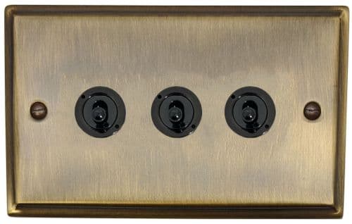 G&H DAB383-FBK Deco Plate Antique Brass 3 Gang 2 Way Toggle Light Switch