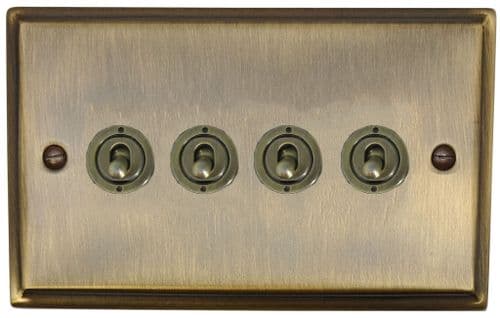 G&H DAB384-AB Deco Plate Antique Brass 4 Gang 1 or 2 Way Toggle Light Switch