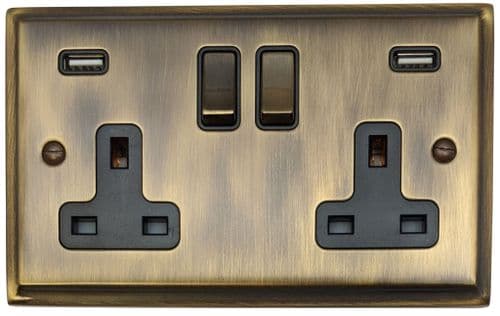 G&H DAB3910 Deco Plate Antique Brass 2 Gang Double 13A Switched Plug Socket 2.1A USB
