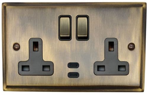 G&H DAB3913 Deco Plate Antique Brass 2 Gang Double 13A Plug Socket Dual 4.2A USB C