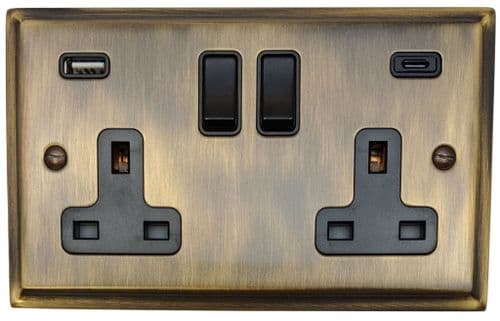 G&H DAB911B Deco Plate Antique Brass 2 Gang Double 13A Plug Socket USB A + C