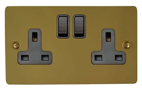 G&H FBUL10B Flat Plate Unlacquered Polished Brass 2 Gang Double 13A Switched Plug Socket
