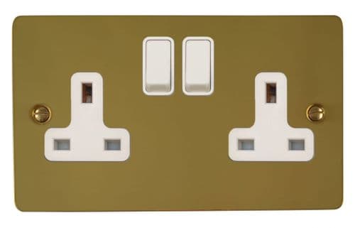 G&H FBUL10W Flat Plate Unlacquered Polished Brass 2 Gang Double 13A Switched Plug Socket