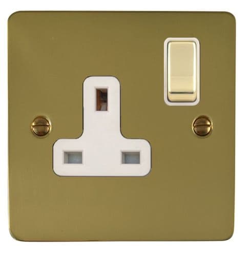 G&H FBUL209 Flat Plate Unlacquered Polished Brass 1 Gang Single 13A Switched Plug Socket