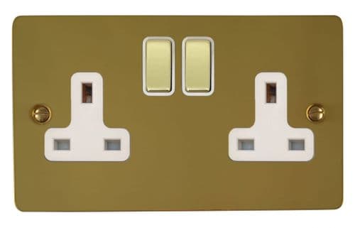 G&H FBUL210 Flat Plate Unlacquered Polished Brass 2 Gang Double 13A Switched Plug Socket