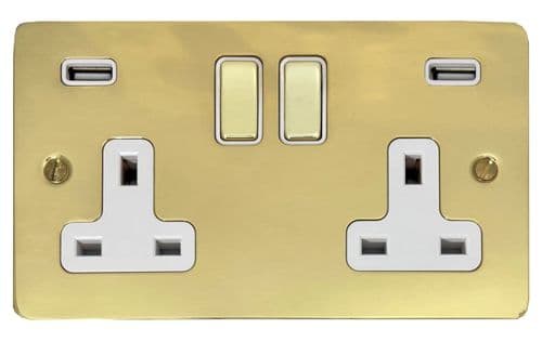 G&H FBUL2910 Flat Plate Unlacquered Polished Brass 2 Gang Double 13A Switched Plug Socket 2.1A USB