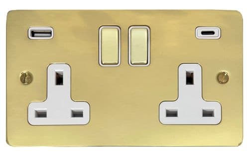 G&H FBUL2911 Flat Plate Unlacquered Polished Brass 2 Gang Double 13A Plug Socket 3.1A USB A + C