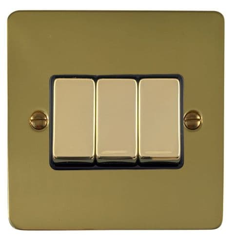 G&H FBUL303 Flat Plate Unlacquered Polished Brass 3 Gang 1 or 2 Way Rocker Light Switch