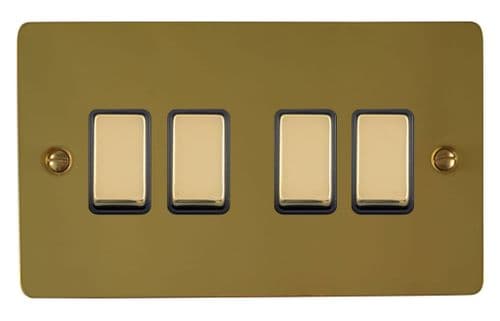 G&H FBUL304 Flat Plate Unlacquered Polished Brass 4 Gang 1 or 2 Way Rocker Light Switch