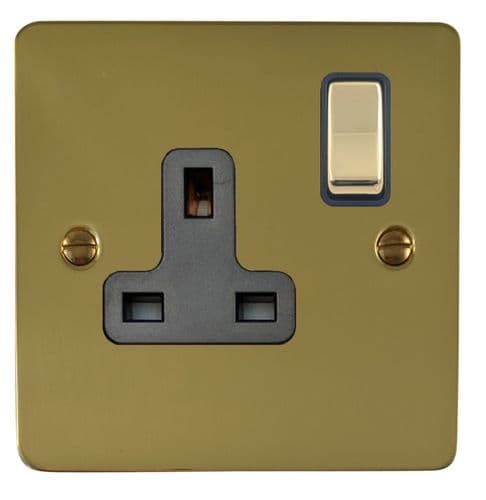 G&H FBUL309 Flat Plate Unlacquered Polished Brass 1 Gang Single 13A Switched Plug Socket