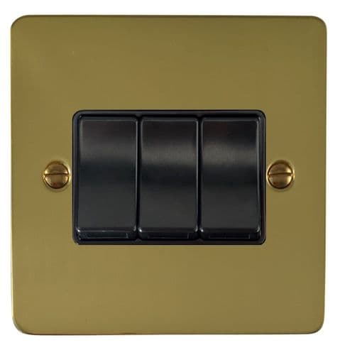 G&H FBUL3B Flat Plate Unlacquered Polished Brass 3 Gang 1 or 2 Way Rocker Light Switch