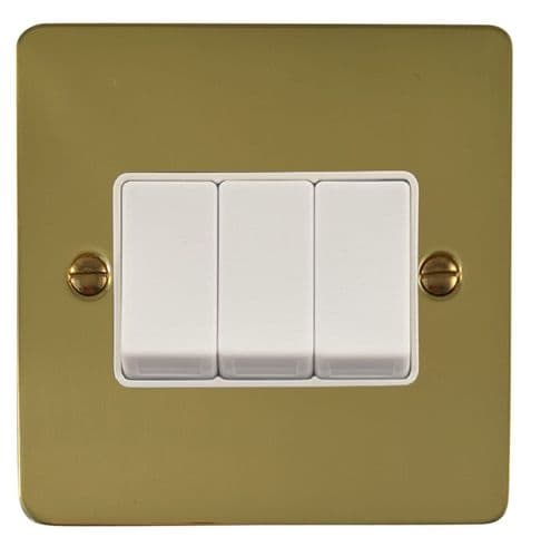 G&H FBUL3W Flat Plate Unlacquered Polished Brass 3 Gang 1 or 2 Way Rocker Light Switch
